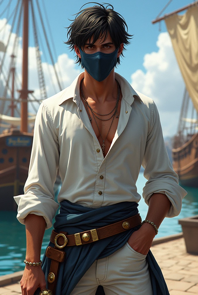 Create a short-haired, masked pirate with white clothes for an RPG 