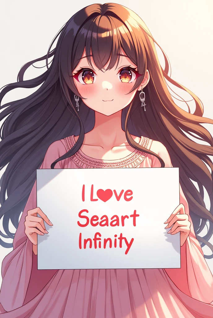 Beautiful girl with wavy long hair, bohemian dress, holding a white board with text "I Love Seaart Infinity" and showing it to the viewer but in anime style
