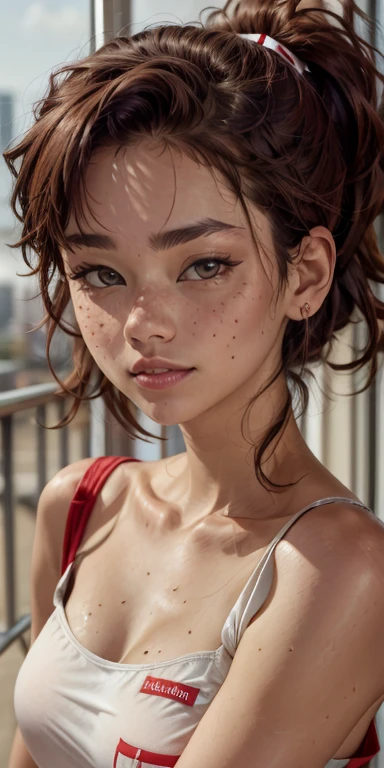 Photo of a 15-year-old European girl, .RAW, beautiful woman, (Light brown hair with ponytail hairstyle ), Ponytail hairstyle ((portrait)), ((detailed face:1.2)), ((detailed facial features)), (finely detailed skin), nurse uniform , (( red mini skirt)) red and white band around the head, sports shoes with freckles on cheeks and chest ,park, london ferris wheel、revealing clothing , erotic clothes、small breasts , big smile (cool color), humid, humid, Reflectors, (Tabletop) (perfect proportions)(Realistic photos)(The best quality) (detailed) photographed with a Canon EOS R5, 50mm lens, f/2.8, NffSW, (8k) (wallpaper) (cinematic lighting) (Dramatic lighting) (sharp focus) (Convoluted) ,  Whole body, beautiful woman body , game pose, ((skunny)), ((tall face))