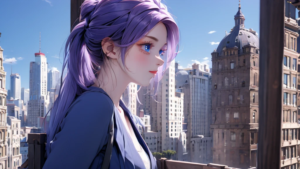 1 girl, medium light purple hair, light blue eyes, wearing black suit, city, absurdres, high res, ultrasharp, 8K, masterpiece, looking from behind