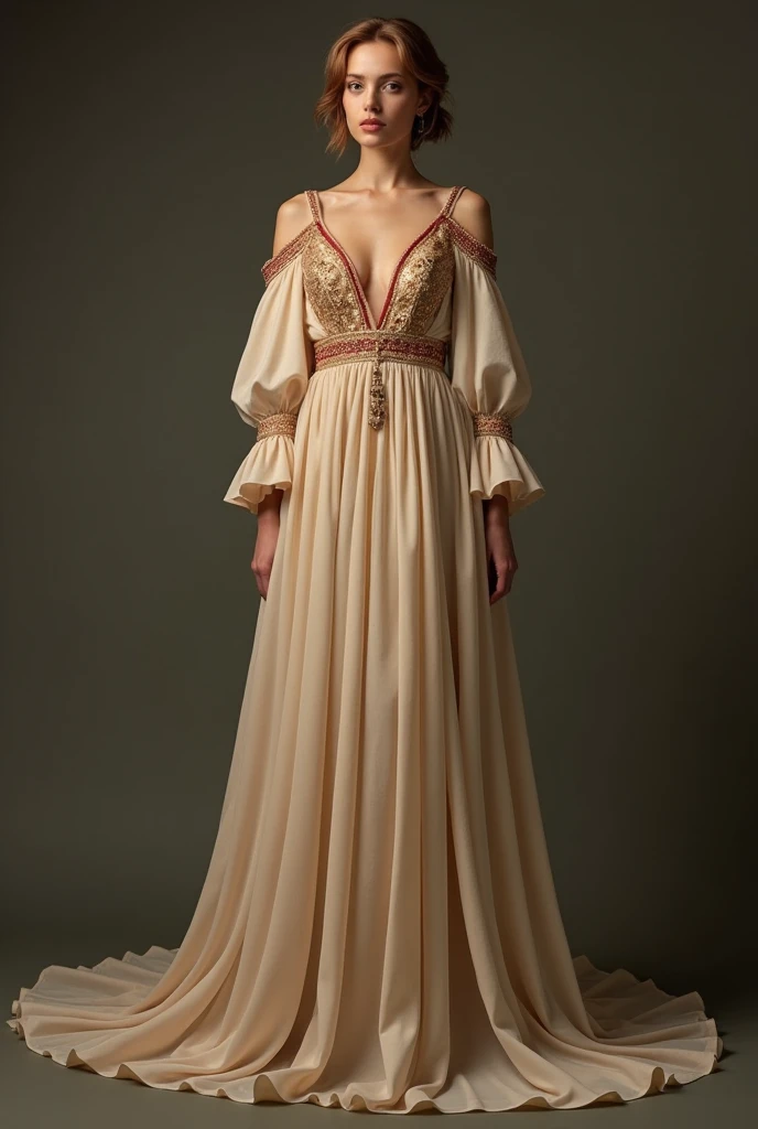 face like hannah dodd in brigton, woman wearing a beautiful beige gown with gold and red bordery. the dress falls ellegantly off her shoulders with drop off sleeves, long gown. full body picture