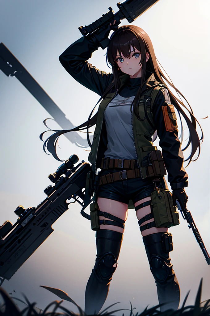 holding_gun, assault_rifle, Very detailed, Brown Hair, Long Hair, Anime Style, whole body, alone, Stylish Gunfighter Girl, Holding a steampunk long barrel pistol,Standing in the wasteland, 8K high resolution, White Background, In the spotlight, The background is a dark and desolate landscape, Horror movie atmosphere. Her figure is very beautiful, Emphasizing the dark and crazy elements. Skillfully expressing the effects of light and shadow, Anime girl with gun and rifle standing in front of a building, from Girls&#39; Frontline, mechanized Soldier Girl, Girls&#39; Frontline style, Girls&#39; Frontline cg, Soldier Girl, The finer details. Girls&#39; Frontline, Infantry Girl, Amazing anime 8k, Girls&#39; Frontline, Girls&#39; Frontline universe, Female protagonist 👀 :8, Military Girl, Ready for battle