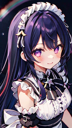 One Girl, (Ultra_detailed), (Depth of written boundary), Love , gloves, Mouth closed, Long Hair, star (symbol), View your viewers, (Rainbow Hair ), Purple eyes, Upper Body, hair ornaments, :p, Frills, maid dress, smile, No sleeve, maid, symbol pupils, fringe, star pupils, maid caffe, Roaring years, Isoscale, From above, null, flower, cliff,Large Breasts、, (Folded), (With low-cut top), maid, city, Tokyo