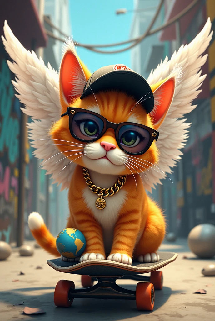 cat,sunglasses ,Gold chain,ball,Skateboard,Urban, Angel wings,baseball cap