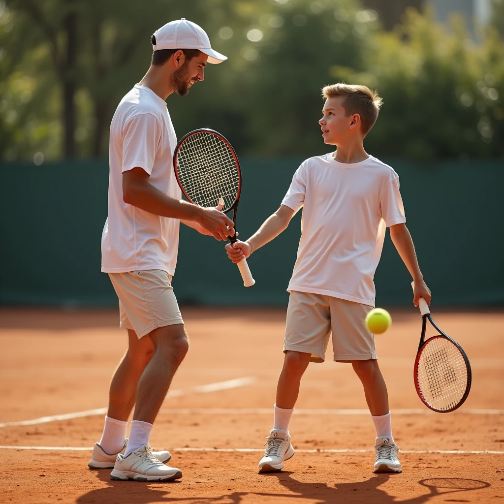 Picture a father and son playing tennis, looking at each other on a dirt court