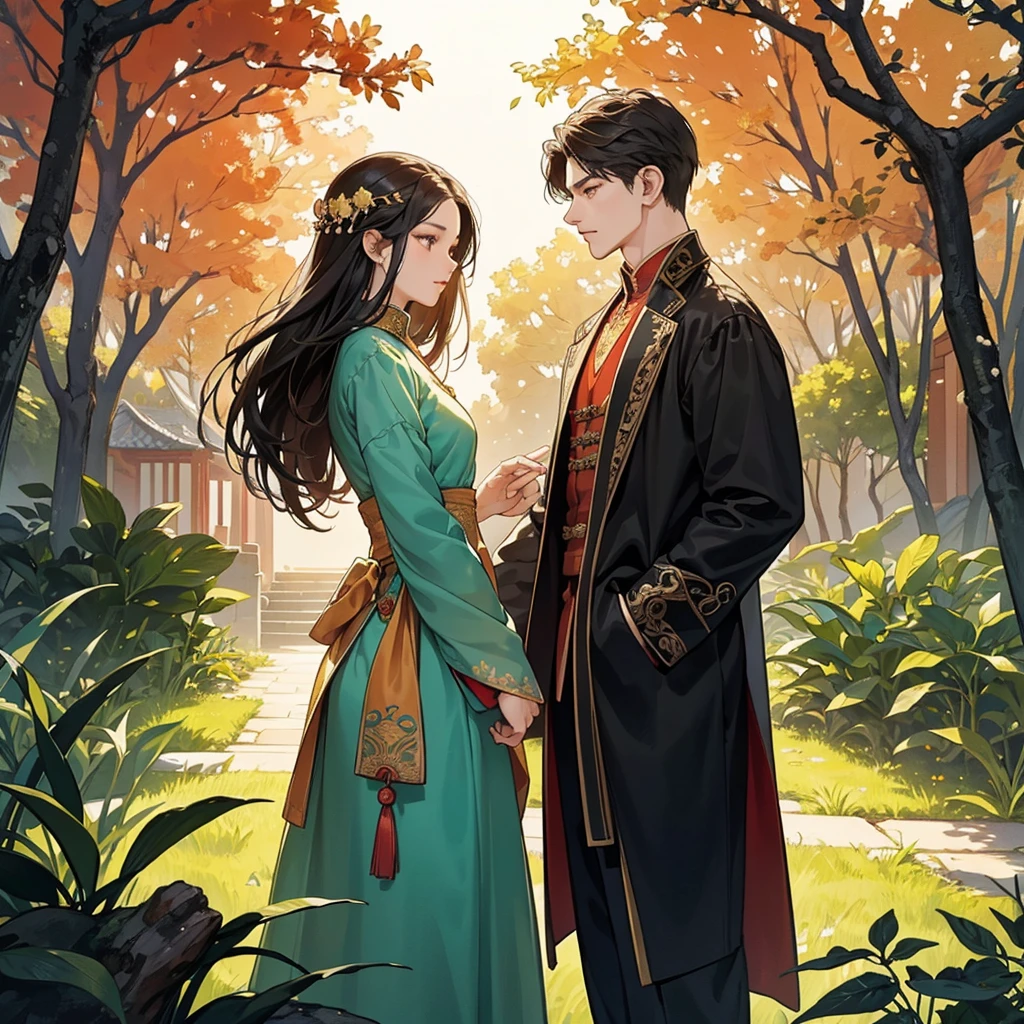 Title: "Renaissance in the Secret Garden"
Main Scene: A young girl in an elegant Chinese ancient style dress, with long dark hair, standing in a small garden with exotic flowers and wooden carts in the background. She has an expression of love and determination.
Husband: A man with a noble but reserved appearance, dressed in traditional clothes, who watches her with a mixture of mystery and affection from the side.
Environment: The garden must be lush, with details of ancient Chinese architecture visible in the distance. The sky can have soft hues at sunset to give a romantic and melancholic atmosphere..
style: anime, with a focus on elegance and period atmosphere, capturing both the beauty and intrigue of the story.