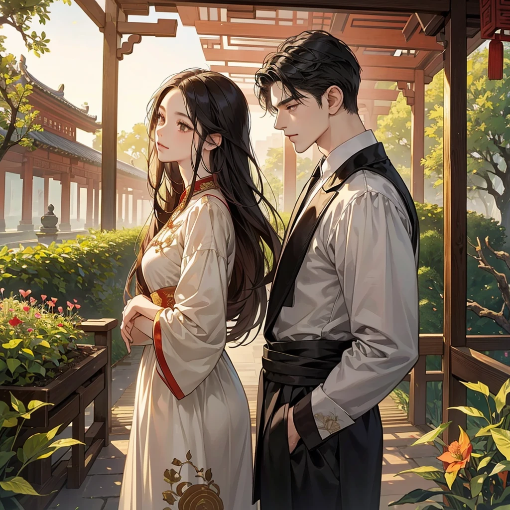 Title: "Renaissance in the Secret Garden"
Main Scene: A young girl in an elegant Chinese ancient style dress, with long dark hair, standing in a small garden with exotic flowers and wooden carts in the background. She has an expression of love and determination.
Husband: A man with a noble but reserved appearance, dressed in traditional clothes, who watches her with a mixture of mystery and affection from the side.
Environment: The garden must be lush, with details of ancient Chinese architecture visible in the distance. The sky can have soft hues at sunset to give a romantic and melancholic atmosphere..
style: anime, with a focus on elegance and period atmosphere, capturing both the beauty and intrigue of the story.