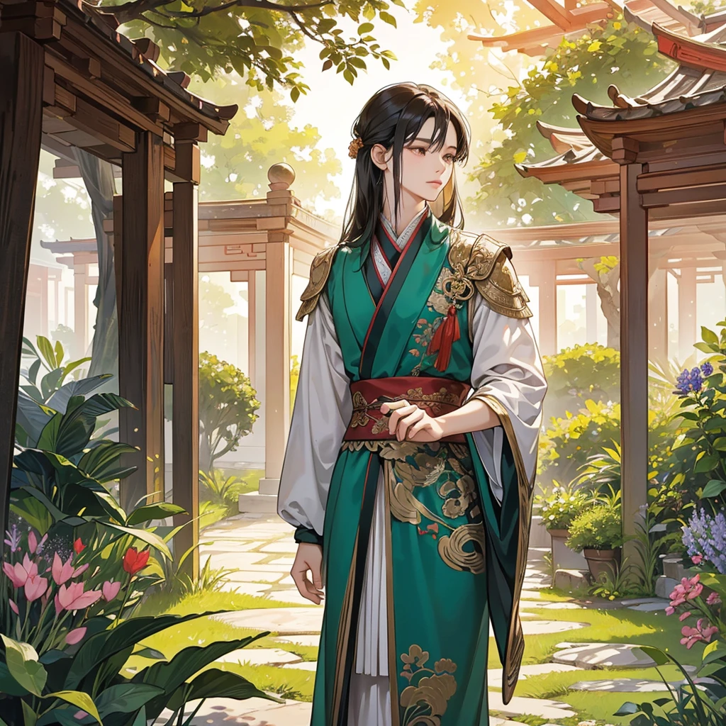 Title: "Renaissance in the Secret Garden"
Main Scene: A young girl in an elegant Chinese ancient style dress, with long dark hair, standing in a small garden with exotic flowers and wooden carts in the background. She has an expression of love and determination.
Husband: A man with a noble but reserved appearance, dressed in traditional clothes, who watches her with a mixture of mystery and affection from the side.
Environment: The garden must be lush, with details of ancient Chinese architecture visible in the distance. The sky can have soft hues at sunset to give a romantic and melancholic atmosphere..
style: anime, with a focus on elegance and period atmosphere, capturing both the beauty and intrigue of the story.

