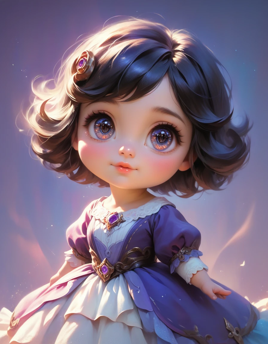 1girl, cute chibi girl, purple dress, blue and purple color background, highly detailed, intricate, delicate, adorable, cinematic lighting, beautiful detailed eyes, beautiful detailed lips, extremely detailed face, long eyelashes, soft lighting, warm color palette, magical, fantasy, whimsical, dreamlike, (best quality,4k,8k,highres,masterpiece:1.2),ultra-detailed,(realistic,photorealistic,photo-realistic:1.37)