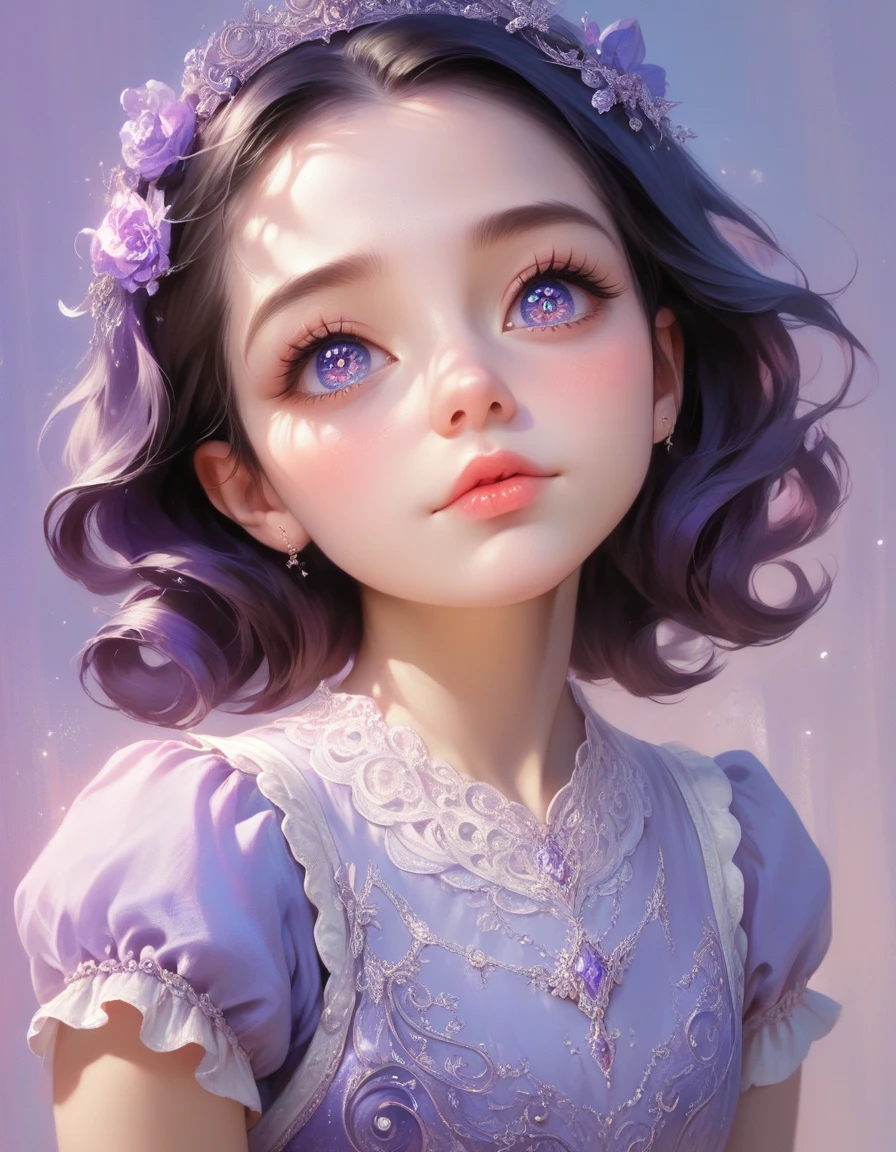 1girl, cute chibi girl, purple dress, blue and purple color background, highly detailed, intricate, delicate, adorable, cinematic lighting, beautiful detailed eyes, beautiful detailed lips, extremely detailed face, long eyelashes, soft lighting, warm color palette, magical, fantasy, whimsical, dreamlike, (best quality,4k,8k,highres,masterpiece:1.2),ultra-detailed,(realistic,photorealistic,photo-realistic:1.37)