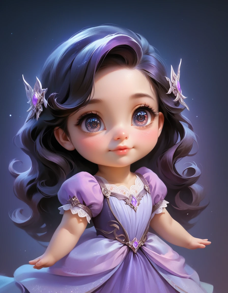 1girl, cute chibi girl, purple dress, blue and purple color background, highly detailed, intricate, delicate, adorable, cinematic lighting, beautiful detailed eyes, beautiful detailed lips, extremely detailed face, long eyelashes, soft lighting, warm color palette, magical, fantasy, whimsical, dreamlike, (best quality,4k,8k,highres,masterpiece:1.2),ultra-detailed,(realistic,photorealistic,photo-realistic:1.37)