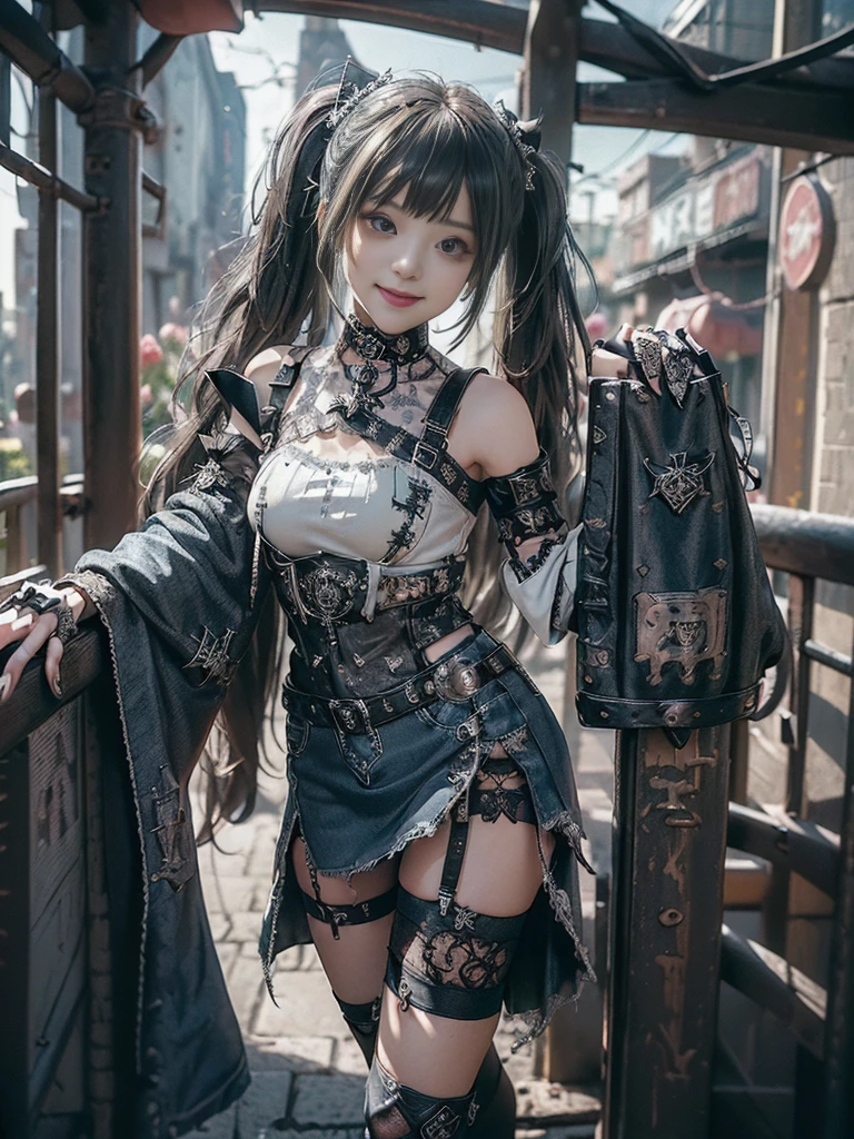 (Full body image:1.2)、(Smiling with teeth showing:1.3),(Shibuya Gal:1.5)、(Gothic Fashion:1.5)、(Punk Rock Visual Kei:1.4)、(Olive denim and black medieval royal mini skirt dress:1.5)、(Olive denim and black medieval arm covers and bustier:1.5)、(Olive High Heels:1.3)、(Wearing silver accessories:1.5)、(Brown lace collar:1.4)、(Black Leather Garter Belt:1.4)、(Moss Green Skin Belt:1.3)、(Black lace underwear:1.5)、20-year-old、Browsing Caution、((Highest quality、In 8K、masterpiece:1.3))、Sharp focus:1.2、(Layered Cut、Huge boobs:1.1),Beautiful woman with perfect figure:1.4、(Dance vigorously:1.3)、Slim Abs:1.2、Highly detailed face and skin texture、Detailed eyes、double eyelid,(Twin tails:1.3)、(Brownish golden hair:1.3)、idol carving、(Caribbean cityscape in the background:1.3)、(the body is slim:1.2),(Slimming your legs:1.4),（clavicle:1.1）