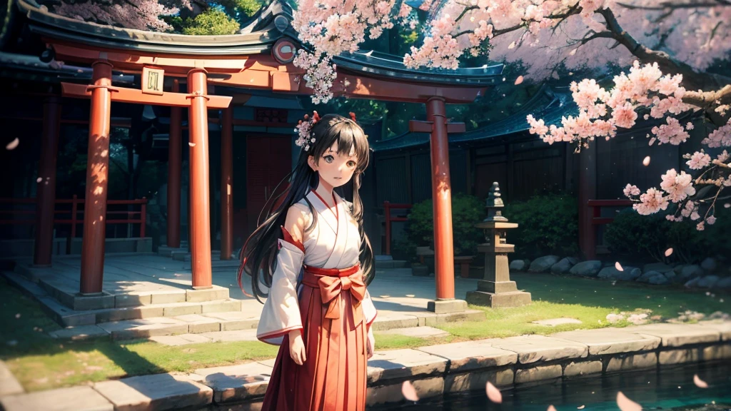 masterpiece, Highest quality, ultra-detaileded, figure, alone, extremely cute, , Outdoor, morning, Japanese Shrines, Shrine maiden, Shrine maiden服, White Chihaya, (red long hakama:1.2), (Cherry Blossom:1.3), Cherry Blossom hair accessory, Black Hair, Long Hair, walk, nature, Mountain, beauty, cute, Red Torii Gate, sunny, relax, comfortable, Global warming, (Spring flower:1.1), smile, Fantasy, imagine上の, Mythologically, Shadows, Shiny, dynamic, alive, landscape, peaceful, Calm, quiet, quiet, Intuition, Adaptability, creativity, imagine, Artistry, Inspiration, sense of awe, wonder, grateful, grateful, fun, Mindfulness, consciousness, connection, Harmony, balance, texture, detailed, realism, depth, perspective, composition, color, Light, Shadow, reflection, refraction, tone, Contrast, prospect, Middle Way, background, nature主義的な, Figurative, Expressive, Impressionist, Expressionistic, Abstract, Innovative, Experimental, Individuality,