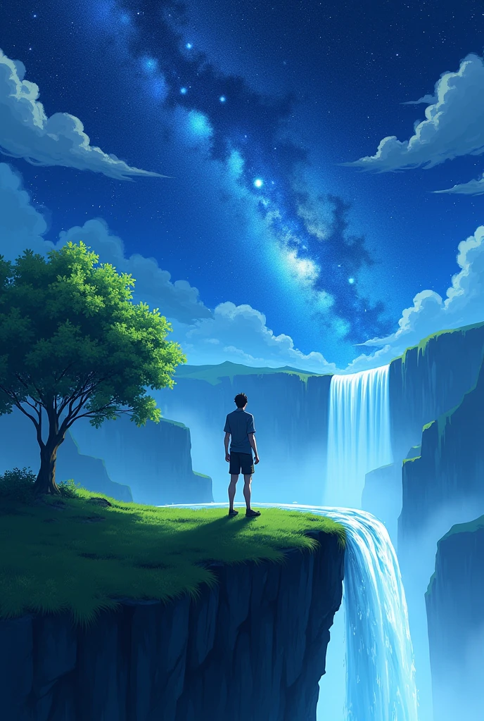 A male character, standing on the peak of a cliff with very green grass, a tree behind him, next to him there is a waterfall that falls infinitely, a cerene sky with bright stars, illumination of the galaxy's lighting cosmos, vibrant and strong scene colors, Wallpaper viral anime wall in 4K quality, in digital style