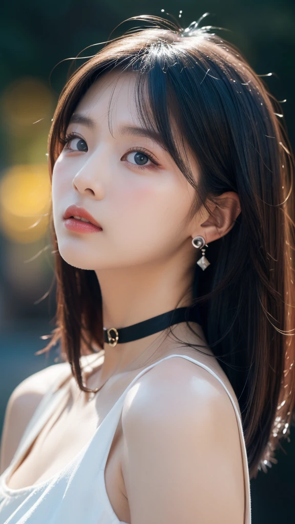 (best quality, masterpiece1.2), (detailed eye:1.2), intricate detail, depth of field, 20 years old girl, sitting, off shoulder, backlight, sunlight, (blown, long hair:1.2), blush, see-through, looking at viewer, earrings, hair ornament, choker, wind, lens flare, <lora:SaitoKyoko_v2:0.5>