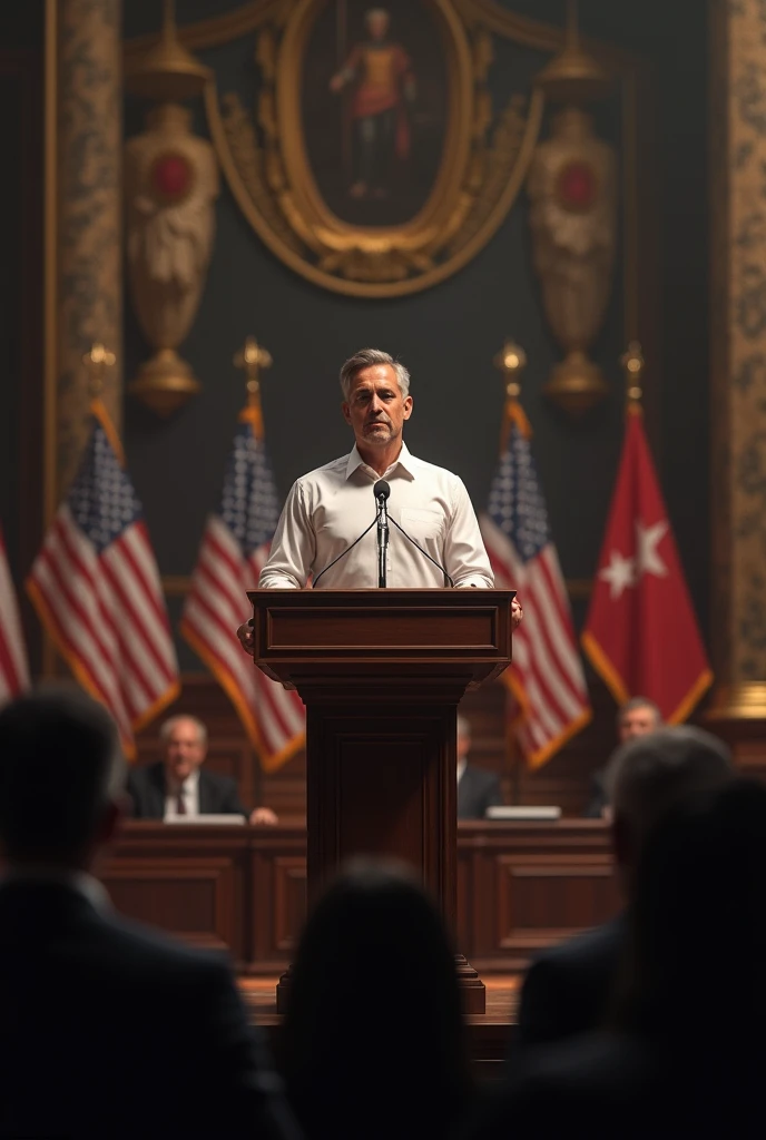 I want a man in a shirt in a realistic image speaking into a microphone on a political platform