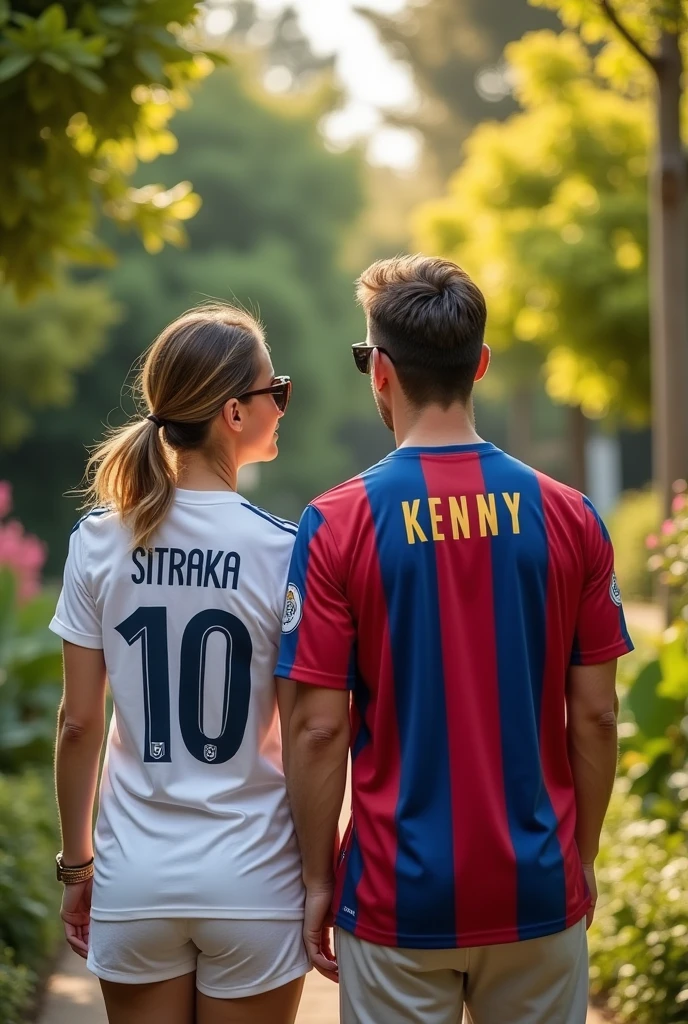Woman and man from behind wearing the Barcelona shirt with the numbers 8 and 14 with the names Kristel and Abdiel and their hair tied to one side