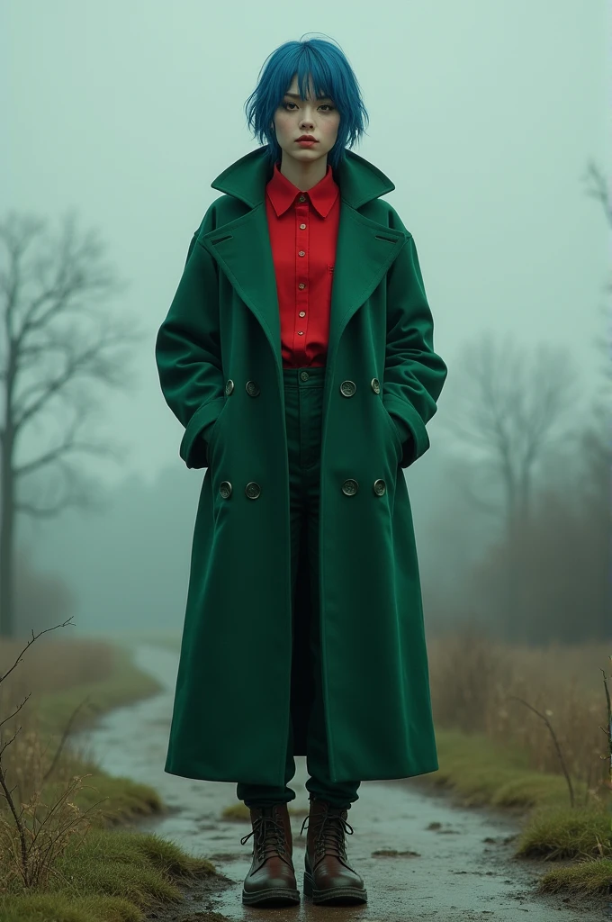 A woman with blue hair, her hair is short and tied back, black eyes, wears a green overcoat, below the overcoat is a red shirt, green pants and brown shoes