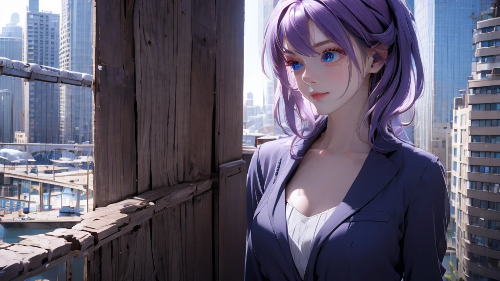 1 girl, medium light purple hair, light blue eyes, wearing black suit, city, absurdres, high res, ultrasharp, 8K, masterpiece, looking from behind