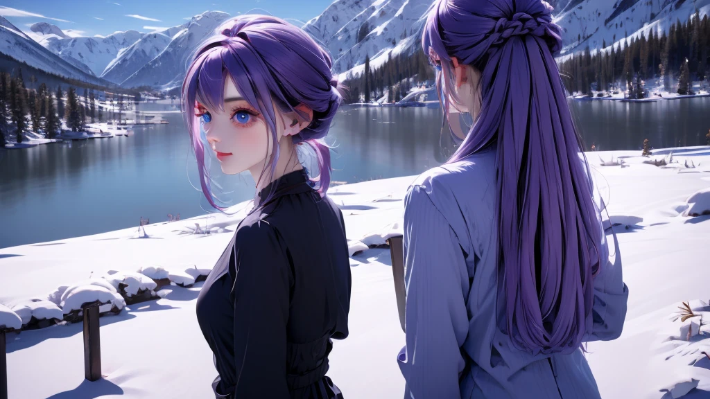 1 girl, medium light purple hair, light blue eyes, wearing black suit, city, absurdres, high res, ultrasharp, 8K, masterpiece, looking from behind