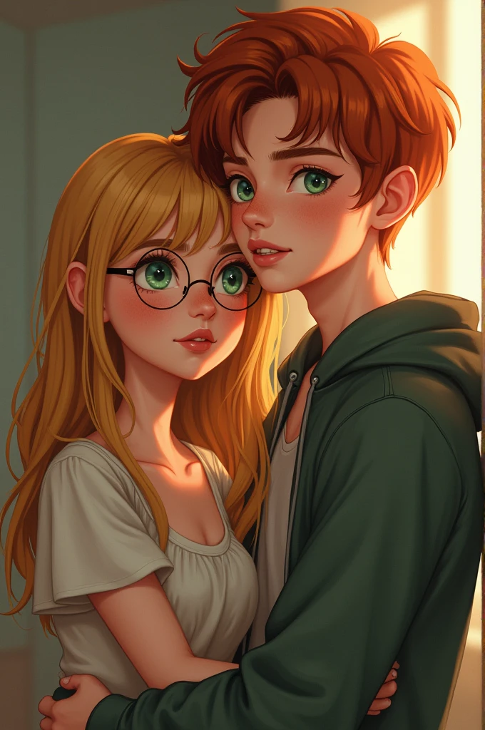 Un couple qui se fait un câlin. Il sont 14ans , the girl she has straight blonde hair with green eyes she has gold oval round glasses she has transparent gloss on her lips her skin color is Belgian ,the boy has straight red hair with green eyes his skin color is Belgian with freckles on his face.