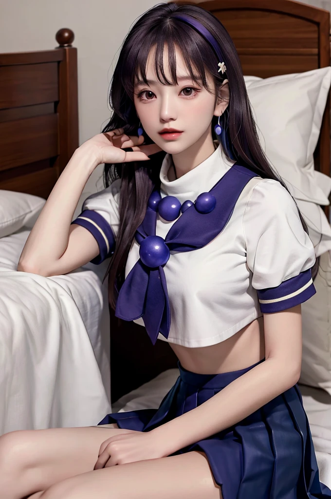 masterpiece, best quality, high resolution, Yes 1, , Long hair, scarf, Long hair, necklace, earrings, Sailor Suit, Uniforms, Crop Top, White socks, , Pleated Skirt, Large target , Fluffy short sleeves, White sleeves, White wristband, whole body, bedroom, Large target Bed, , Cross your legs, View below，Lying down，