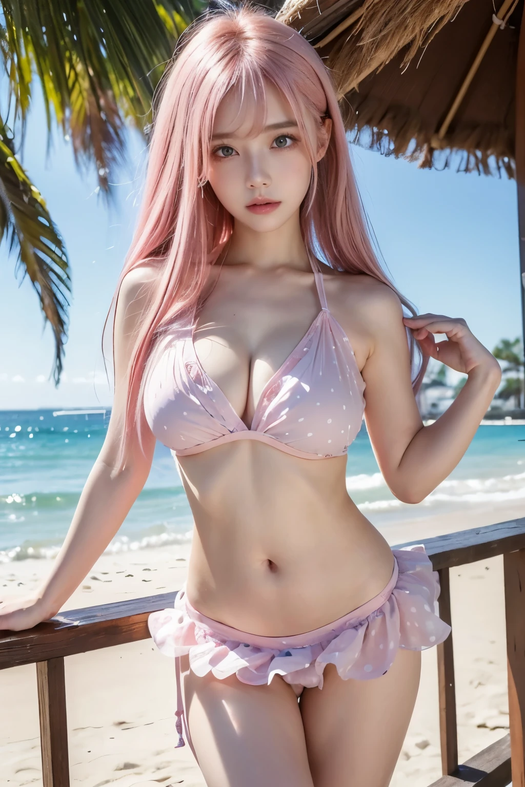 Highest quality, Highest quality, masterpiece, Ultra-high resolution,(Highest quality, masterpiece: 1.1),Very detailed,(Beautiful pink hair, Beautiful eyes, Medium Hair, ),beautiful eyes、(Vulva Shape:1.25),At the Beach, Pink sundress with transparent polka dots（With string）,Various poses,looking at the camera、