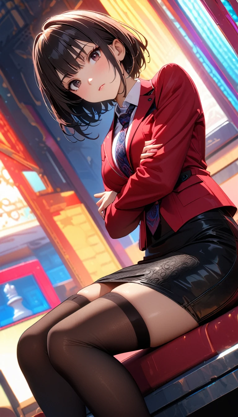 1Women,(black Short hair),(medium breasts),(She sits near a chess table),(black eyes),(Red cheeks),(Expressionless face),(women's stockings),(Necktie),(Work jacket),(Tight skirt),(cross arms),(Low angle)(masterpiece:1.5), (8k details:1.3), (unlimited details:1.2), (best eyes:1.4), (ultra clothes details:1.3), (highly detailed background), (vibrant colors), (dynamic lighting), (realistic skin texture), (intricate patterns), (sharp focus), (full-body view), (natural poses), (expressive emotions), (cinematic composition),(milf)