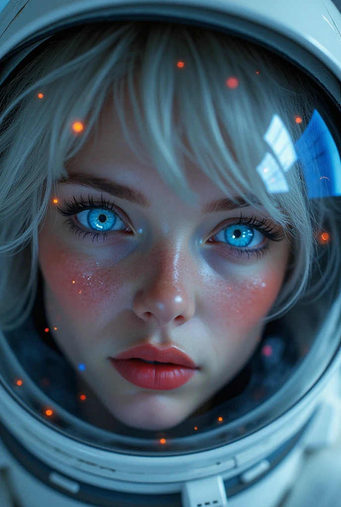 (Close-up of a better masterpiece:1.5)0.9], (Space and astronauts:1.2) (Messy silver hair:1.1) (Heterochromia xanthochromia and blue eyes:1.2) (Space Helmet:1.0) (Colored stars in the eyes:1.0) (A radiant glow:1.1) (thick lips:0.9)