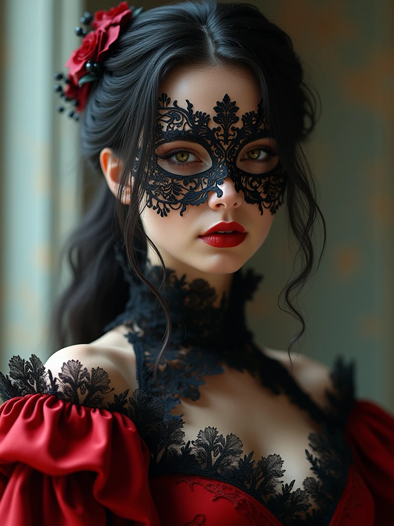 a close up of a person wearing a mask, dreamy gothic girl, elegant render, half body photo, mistress, photoshop render, ebony rococo, elegant girl, female spy, haunting beautiful young woman, super-hero girl, extravagant dress, beauty girl'red latex)(asian woman)