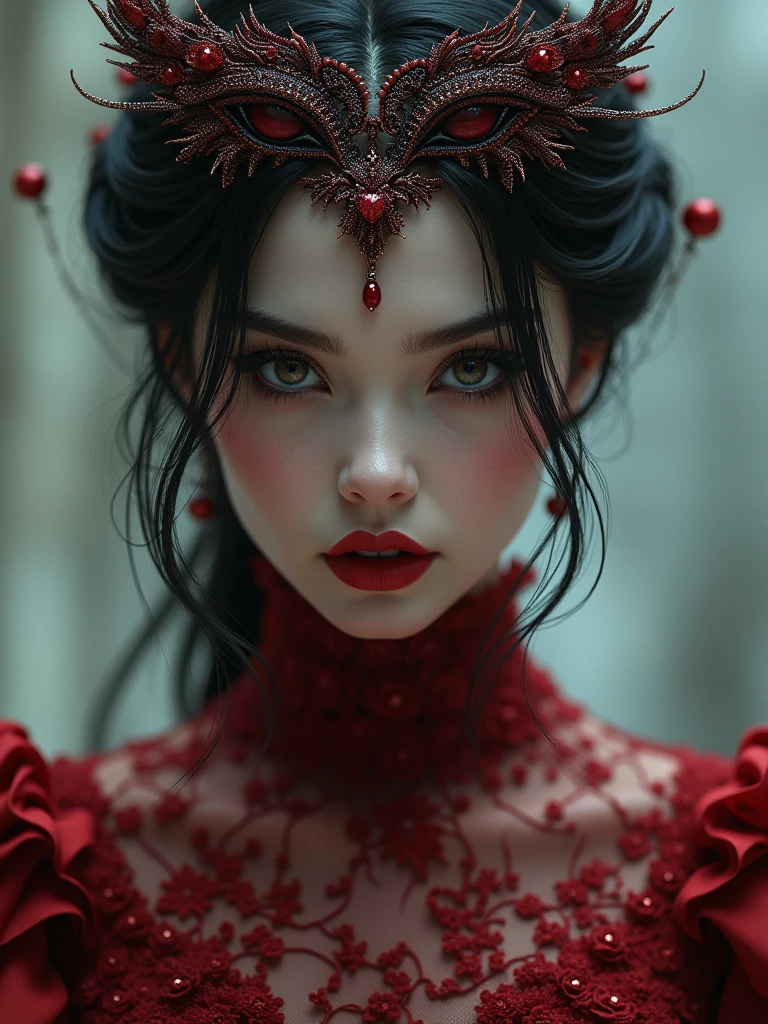  A woman caught in the web in long translucent red silk dress, very detailed, beautiful lips and eye lashes, 