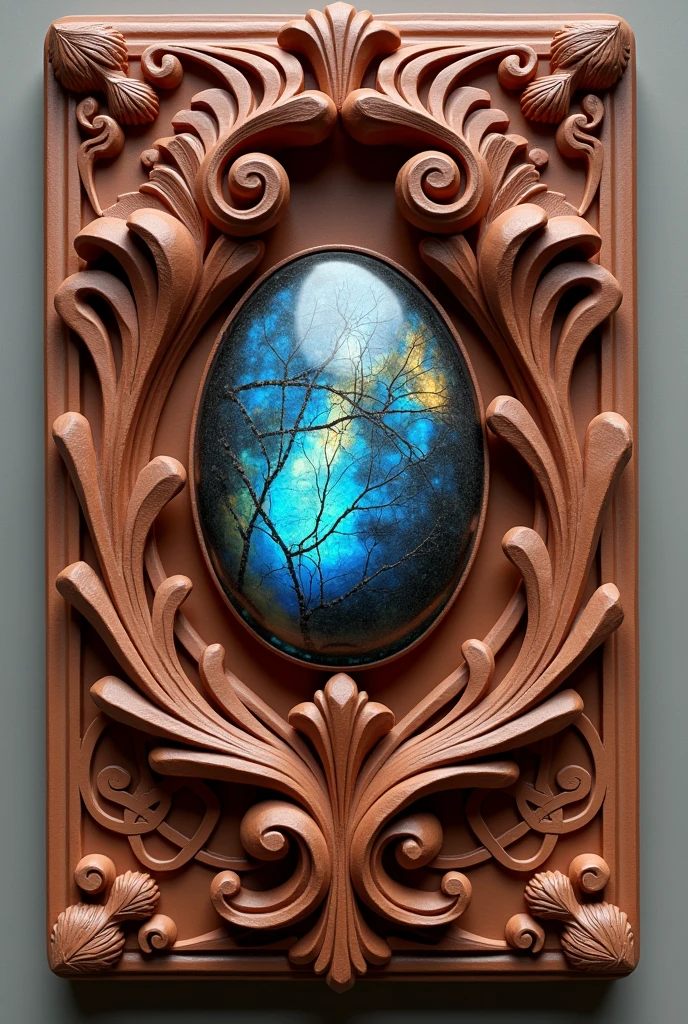 Sculpture en bas-relief en argile représentant un dessin inspiré des ornements baroques où serait incrustée un cabochon de pierre de Labradorite