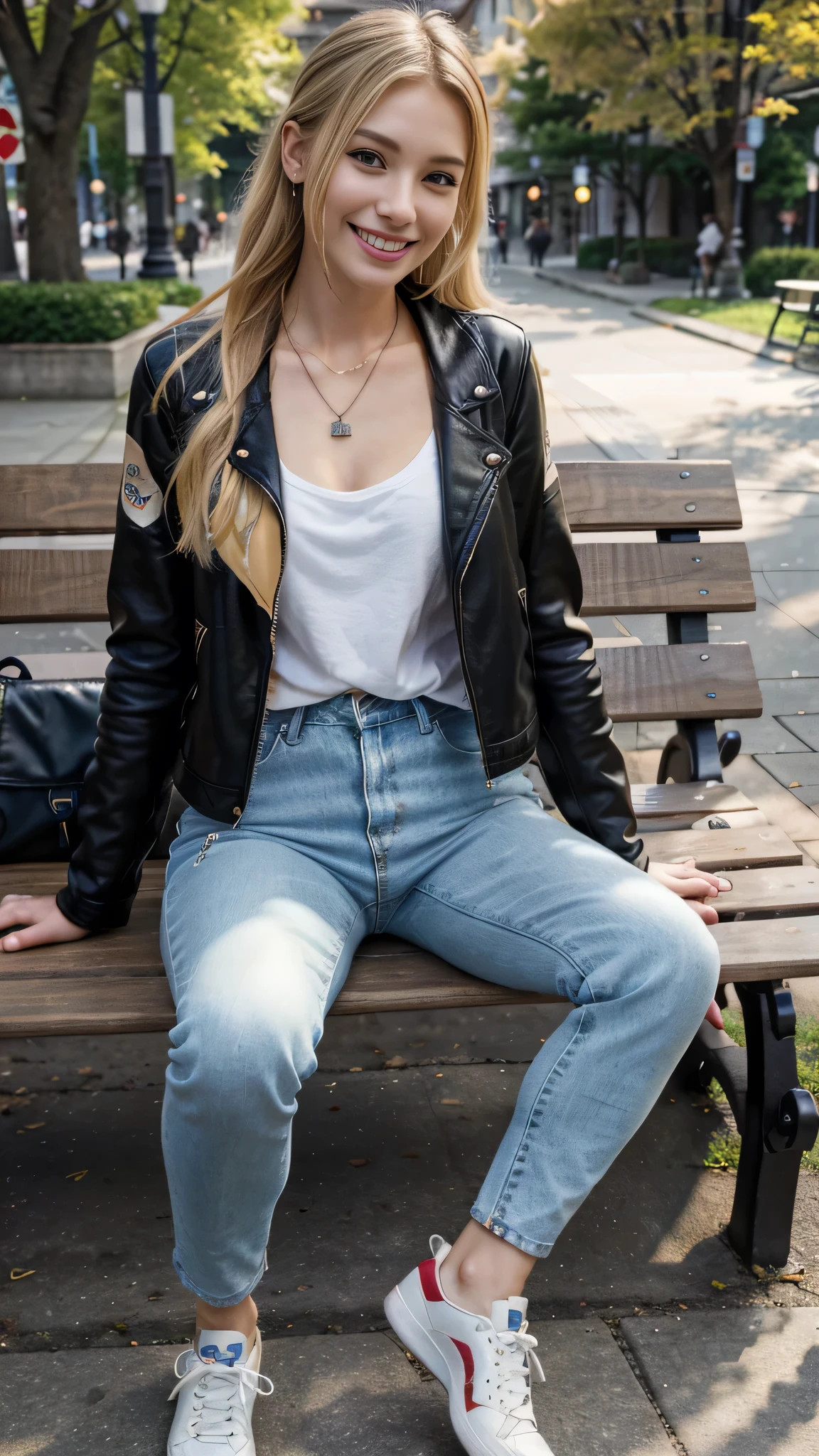 High resolution, 8k wallpaper, Beautiful Caucasian Woman、Full body photo、,Leather jacket sitting on a park bench、shirt、Skinny jeans、sneakers、、Necklace around the neck、 blonde 、ウェーブのかかった髪、ear piercing、smile、Beautiful teeth alignment、