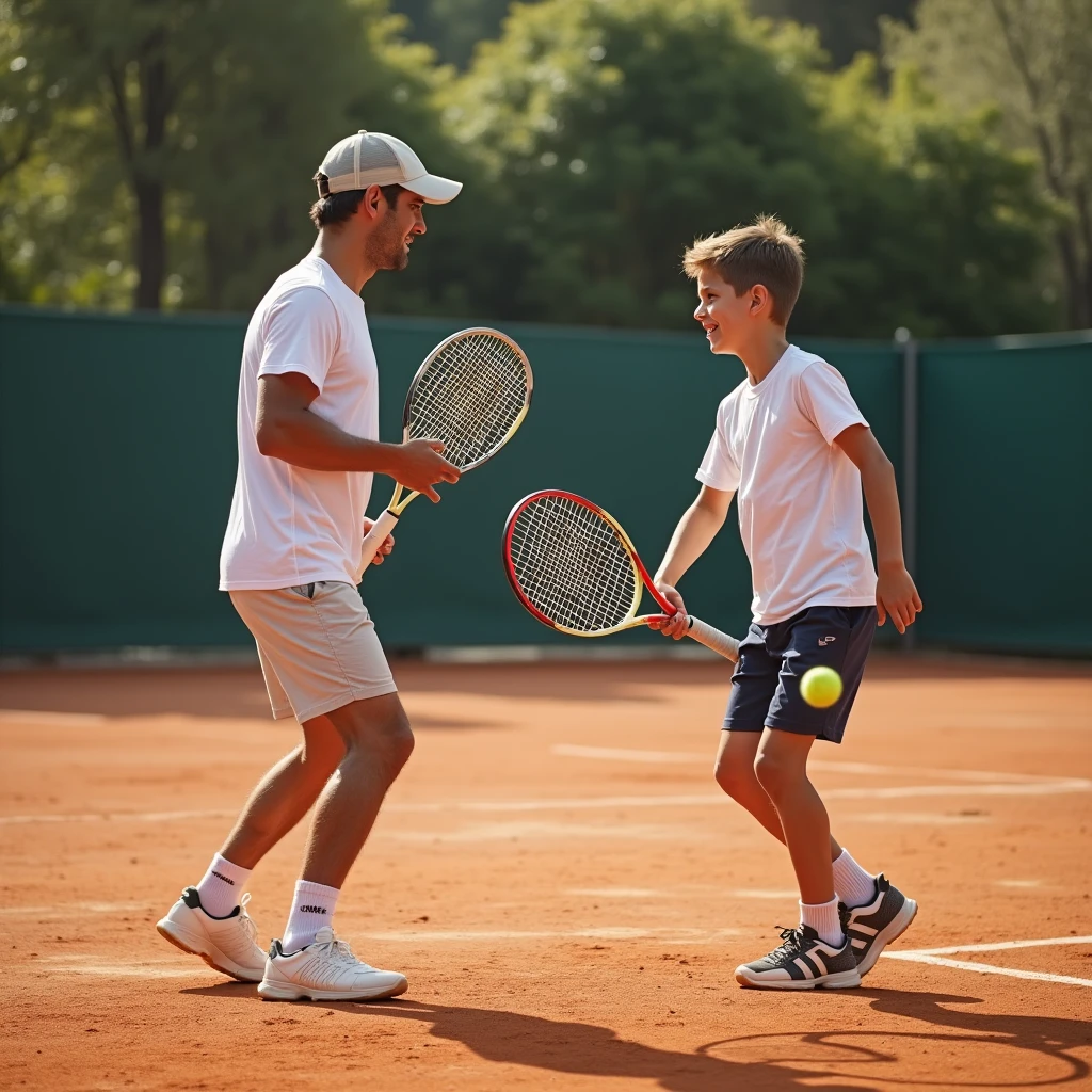 Picture a father and son playing tennis, facing each other on a dirt court, in playing position