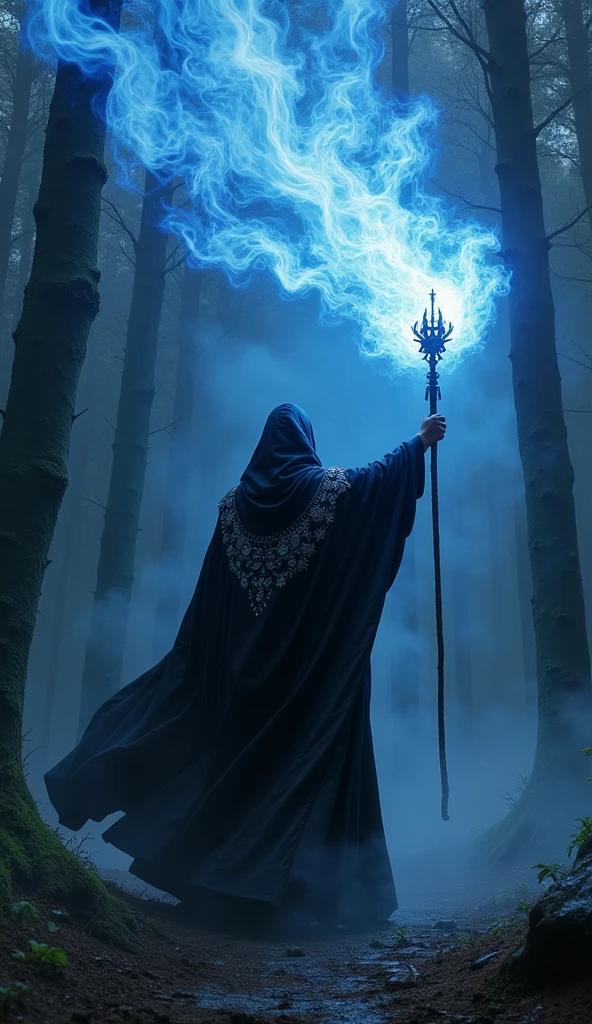 "Yoshitaka Amano's Mirage, cloaked in a black robe with silver embroidery, stands in a dark, misty forest. With a powerful motion, Mirage raises his ancient magical staff, unleashing a stream of vibrant blue flames that swirl and dance in the air, illuminating the surrounding darkness."