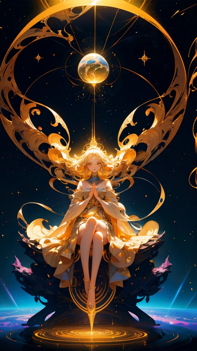 A surreal and intricate scene set in a cosmic environment filled with abstract, golden structures and swirling energy patterns. The image features a glowing figure sitting on a futuristic throne or platform, surrounded by spirals of light, geometric shapes, and a large ethereal sphere floating nearby. The figure appears to be channeling or manipulating cosmic energy, with light emanating from its body, blending into the surrounding environment. Replace the central figure with a beautiful, cute girl while maintaining the same ethereal and cosmic theme. The new character should have similarly styled clothing and an aura that matches the original figure's energy manipulation. The background, swirling light patterns, and overall abstract, golden color scheme should remain exactly the same, preserving the surreal and mystical atmosphere of the image.