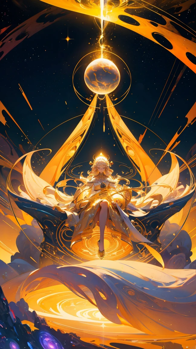 A surreal and intricate scene set in a cosmic environment filled with abstract, golden structures and swirling energy patterns. The image features a glowing figure sitting on a futuristic throne or platform, surrounded by spirals of light, geometric shapes, and a large ethereal sphere floating nearby. The figure appears to be channeling or manipulating cosmic energy, with light emanating from its body, blending into the surrounding environment. Replace the central figure with a beautiful, cute girl while maintaining the same ethereal and cosmic theme. The new character should have similarly styled clothing and an aura that matches the original figure's energy manipulation. The background, swirling light patterns, and overall abstract, golden color scheme should remain exactly the same, preserving the surreal and mystical atmosphere of the image.