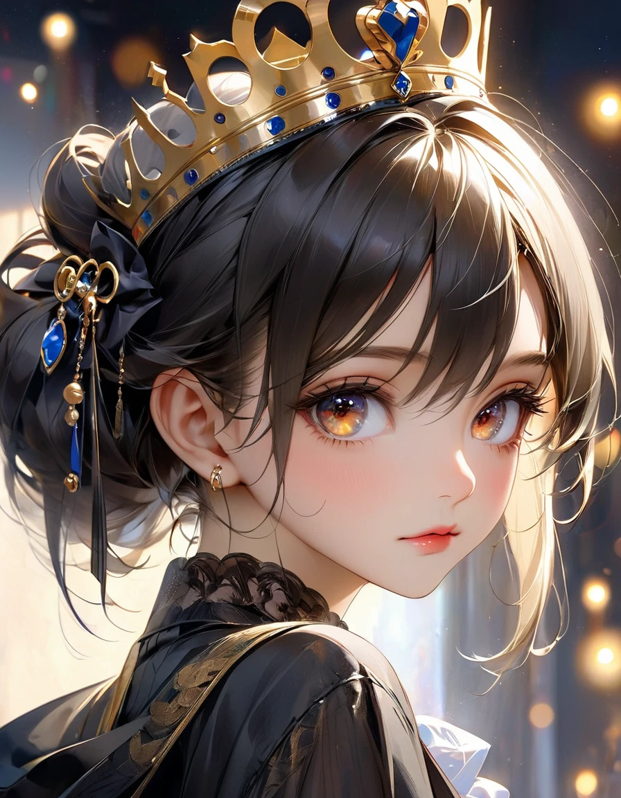 concept art by Pino Daeni, Jeremy Mann, Greg Rutkowski, Konstantin Razumov, Vladimir Volegov Realistic closeup portrait of a model 4k beautiful LUTADOR BAKI soft ONLY YRED eyes black and gold spirit, gold threads, key light reflected in the eyes, BLACK crown on the head, painted background, studio portrait, soft light, bezel lighting, shimmer in the eyes, bokeh background, picturesque, buff painting, (detailed faces:1. 3), (Detailed Eyes:1.3 8K,