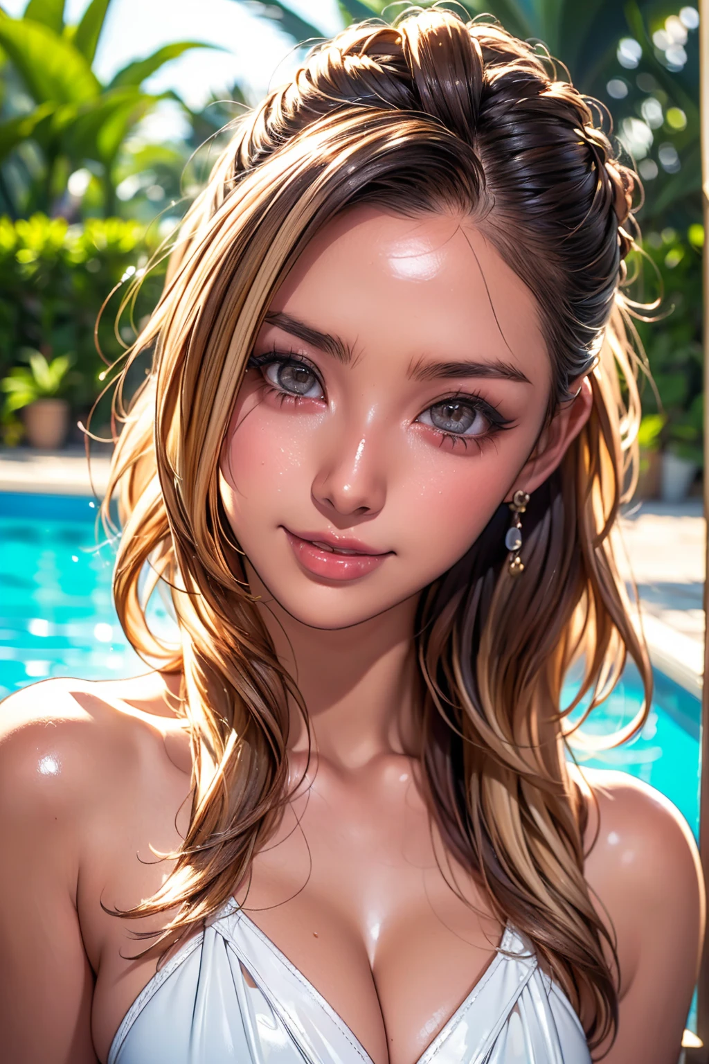 Realistic, masterpiece, Highest quality, Highest Resolution, High Detail, Soft Light, Professional Lighting, Backlight, Film Grain, Tropical Poolside, The background is blurred, Japanese schoolgirl, , Cowboy Shot, (Looks sleepy, inattention, Grinning, Open your mouth), (Beautiful and detailed eye drawing, Droopy eyes, Dark Eyes, Thin eyebrows, Draw eyelashes carefully, Eyelash extensions), (Gal Makeup, Orange Cheek), (White brown wavy hair, Long Hair, Hair tied back, middle part:1.3), (Hidden eyelid wrinkles:1.3), (Latex swimwear:1.3)