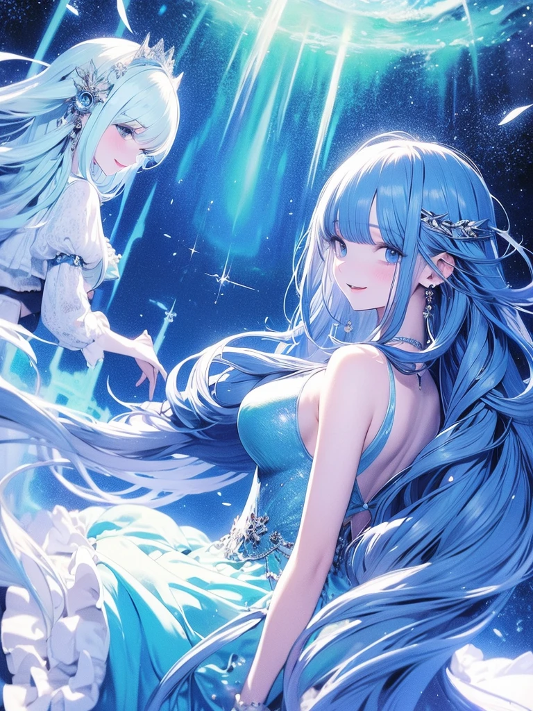 ((Highest quality)),(Ultra-high resolution),A loose-fitting cocktail dress in a deep blue rose pattern,Highly detailed CG Unity 8k wallpaper, Cool, lots of Earrings, Earrings, Blue hair, Curly Hair, Blunt bangs, Straight bangs, Blue eyes, White skin, Gal, Improve、Flat Chest、Reduce exposure