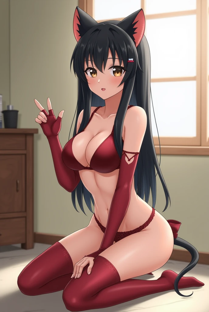 1 girl,Bikini with red tabby,catsuit with cat ears claw pose,long black hair,kneeling,living room