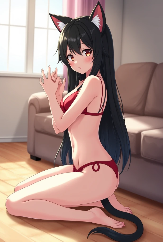 1 girl,Bikini with red tabby,catsuit with cat ears claw pose,long black hair,kneeling,living room