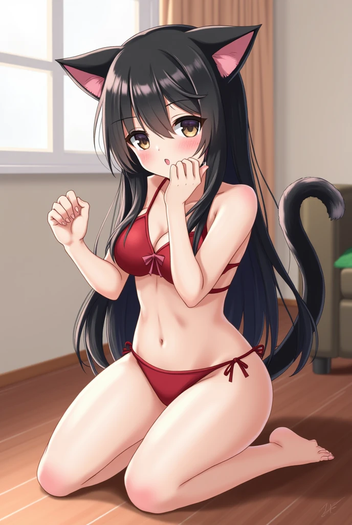 1 girl,Bikini with red tabby,catsuit with cat ears claw pose,long black hair,kneeling,living room