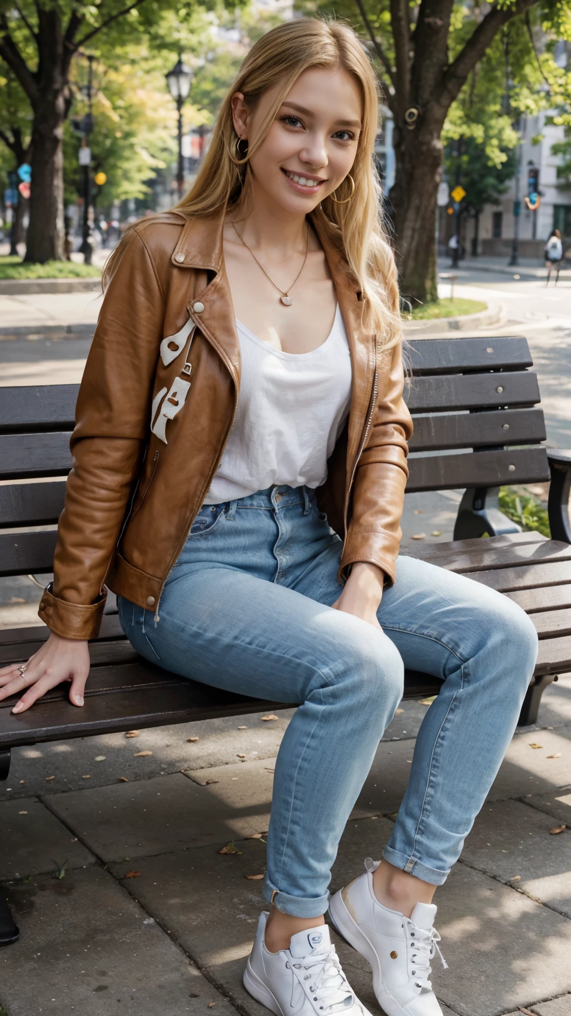 High resolution, 8k wallpaper, Beautiful Caucasian Woman、Full body photo、,Leather jacket sitting on a park bench、shirt、Skinny jeans、sneakers、、Necklace around the neck、 blonde 、ウェーブのかかった髪、ear piercing、smile、Beautiful teeth alignment、