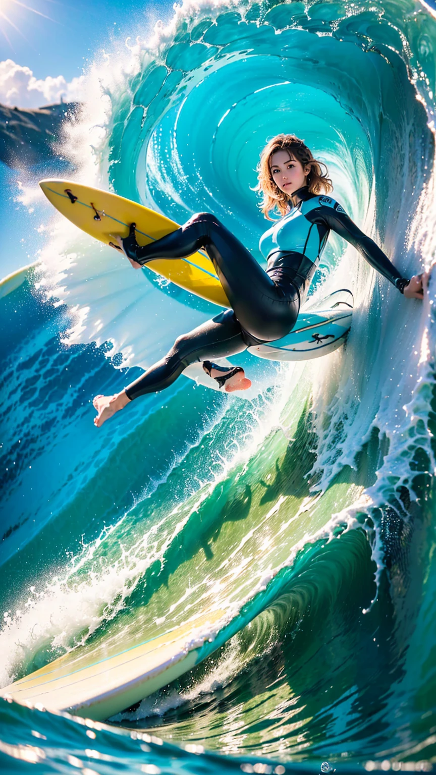 (best quality,4k,8k,highres,masterpiece:1.2),ultra-detailed,(realistic,photorealistic,photo-realistic:1.37), ((((A female surfer a big wave )))),tropical island, crystal clear turquoise water, blue sky with fluffy clouds, sun glare, ocean spray,wet suit,