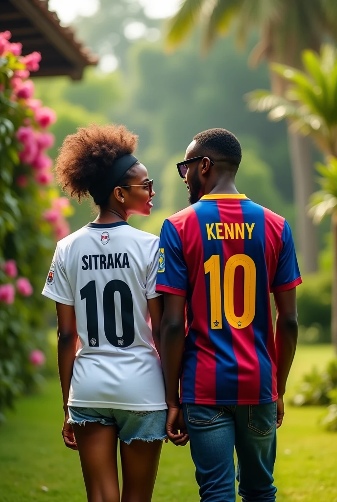 Un couple malgache dans un jardin magnifique, la femme porte un maillot de Real Madrid écrit sitraka et l'homme porte un maillot de Barcelone écrit Kenny. Image prise par derrière 
L'homme avec de cheveux très courts et avec de lunettes de soleil 