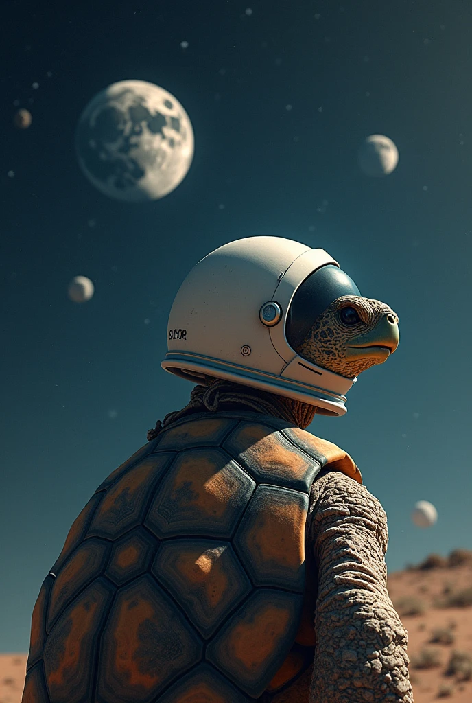 SPACE AND IN THE MIDDLE OF THE IMAGE A TURTLE WITH AN ASTRONAUT HELMET GOING TO THE MOON 