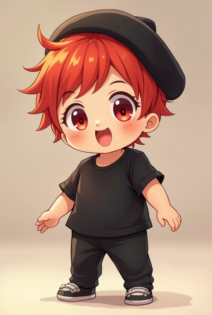 Give me a handsome baby
 with red hair, hat, black shirt, black pants anime cute
