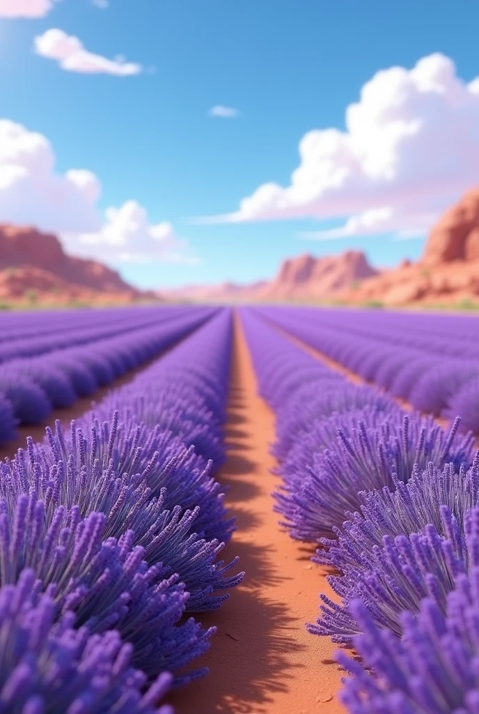 Land of lavender flowers. In desert. No mountains. Pixar style. Disney style in 3D animation.