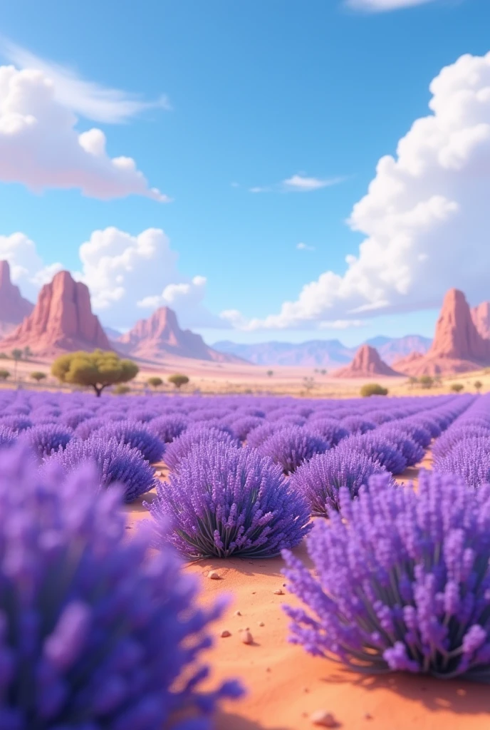 Land of lavender flowers. In desert. No mountains. Pixar style. Disney style in 3D animation.